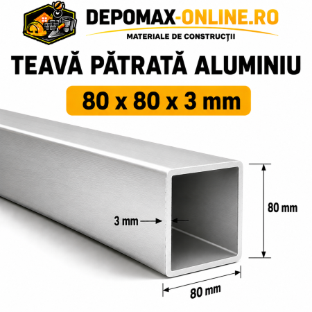 Teava patrata aluminiu 80 x 80 x 3 mm, 6 metri (EN AW-6060)